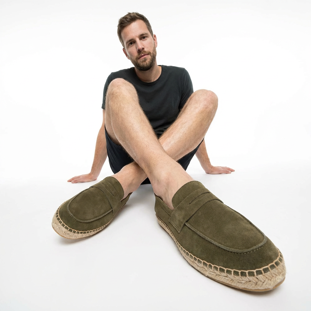 Herren trägt olivgrüne Espadrilles im Freizeitlook, Seitenansicht