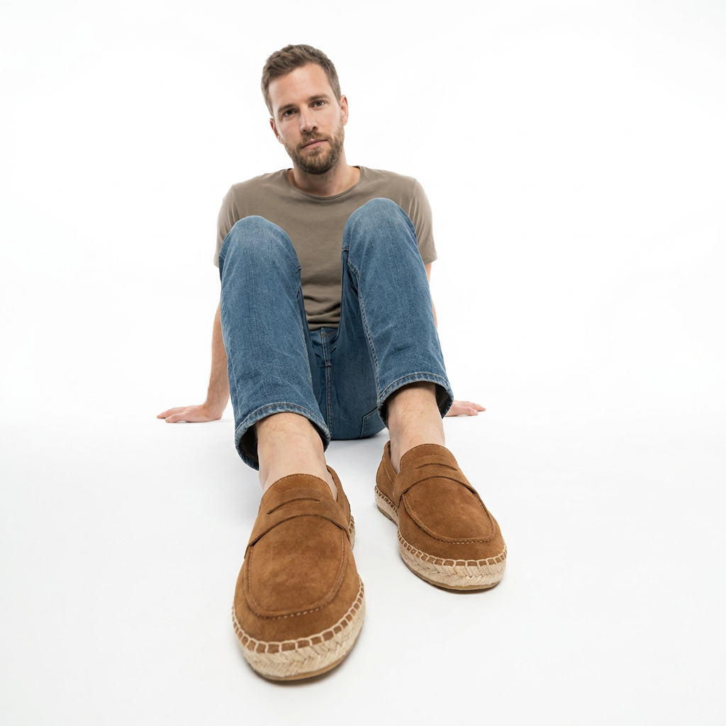 Herren trägt braune Espadrilles, legerer Freizeitlook, Seitenansicht