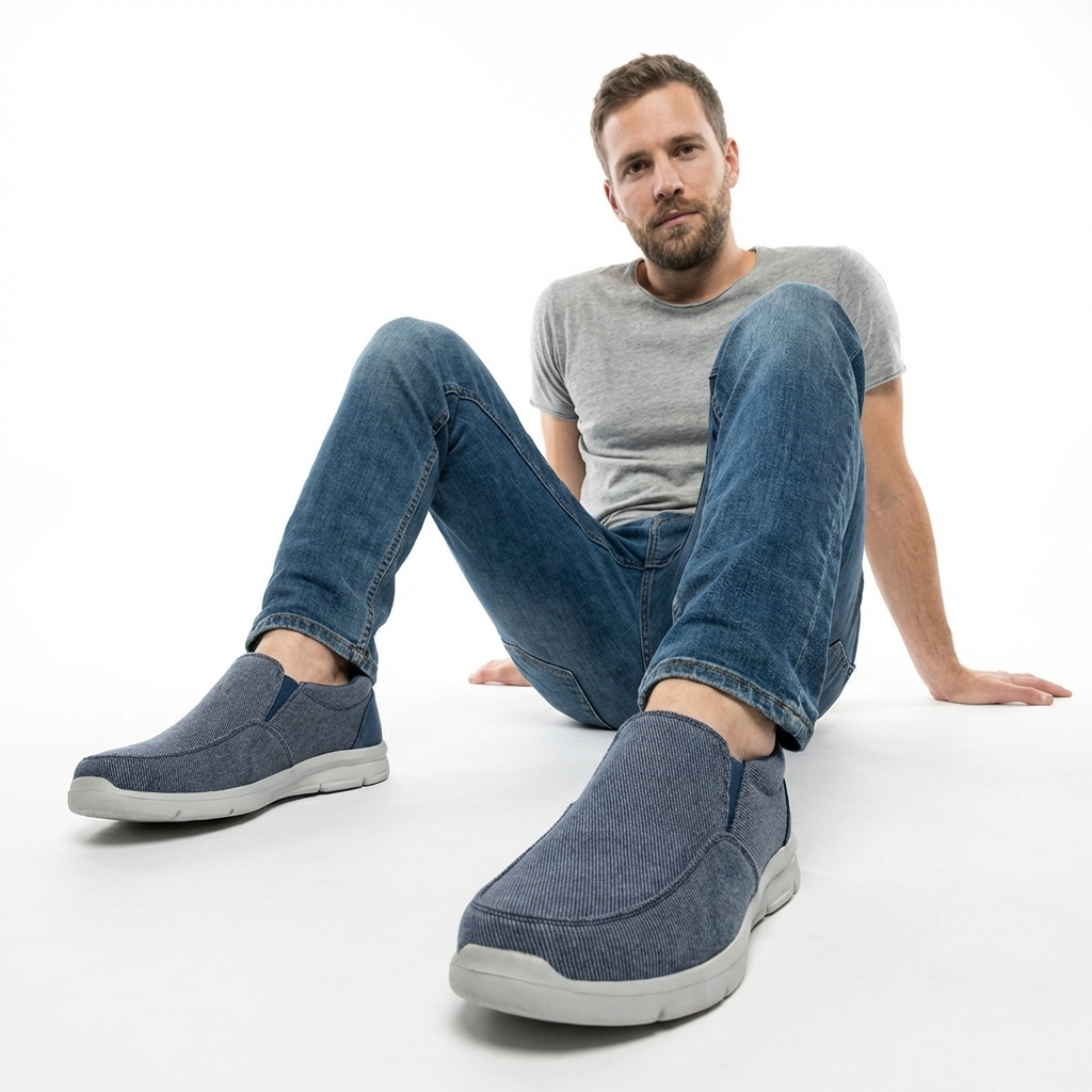 Herren Canvas Slip-On Loafer in Khaki, am Fuß getragen, Ganzkörper-Lifestyle