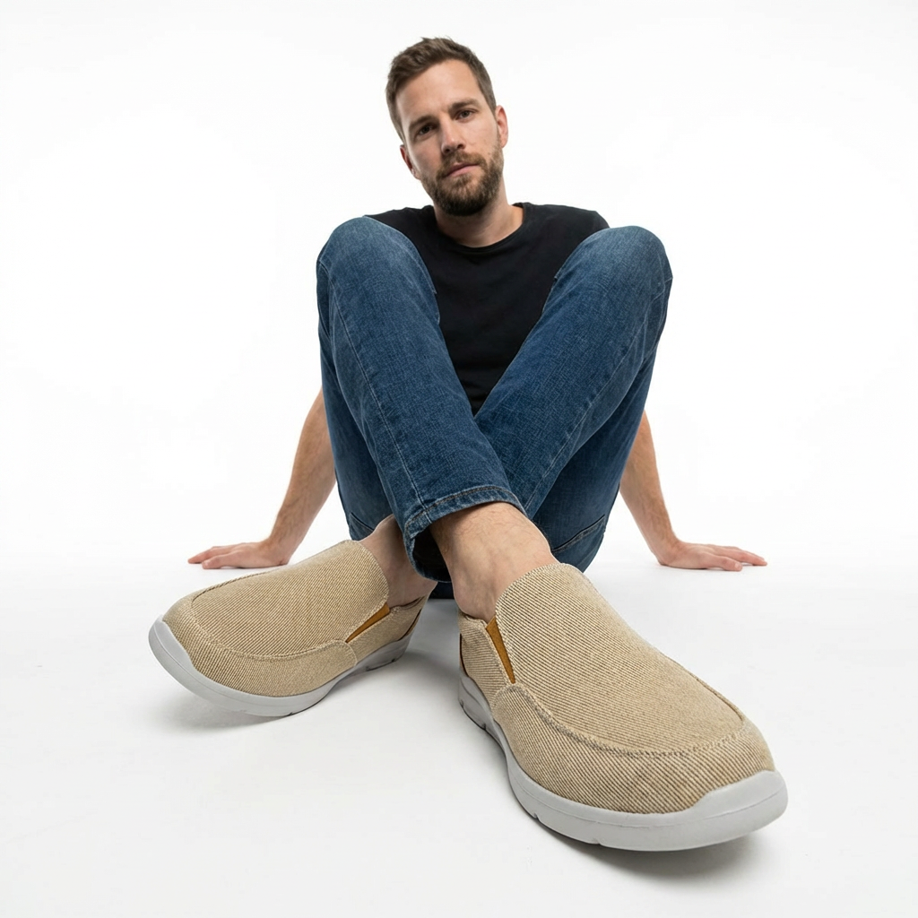 Herren Canvas Slip-On Loafer in Schwarz, am Fuß getragen