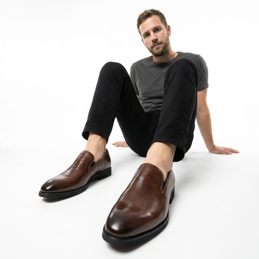 Herren trägt braune Slip-On Loafer im Business-Outfit, Frontansicht