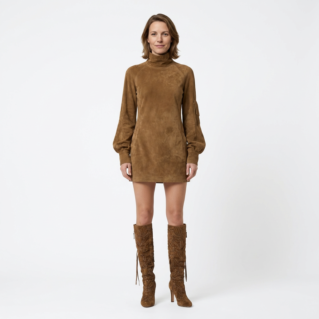 Braunes Wildleder-Minikleid mit Stehkragen und Puffärmeln, Frontansicht