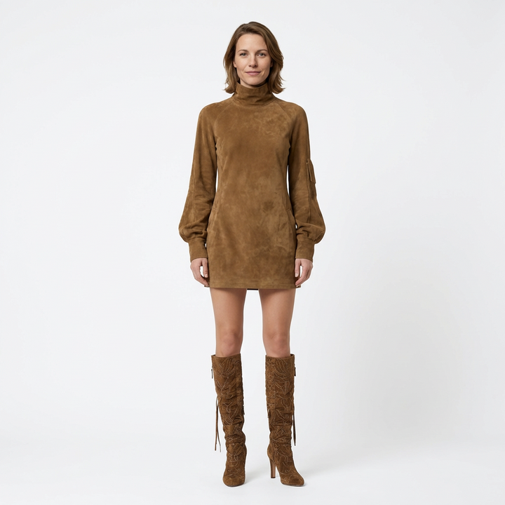 Braunes Wildleder-Minikleid mit Stehkragen und Puffärmeln, Frontansicht