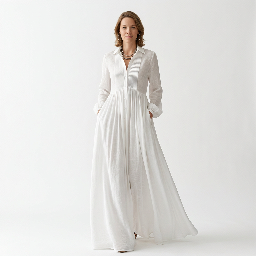Weißes Maxikleid mit Puffärmeln, Stehkragen und Knopfleiste, Frontansicht