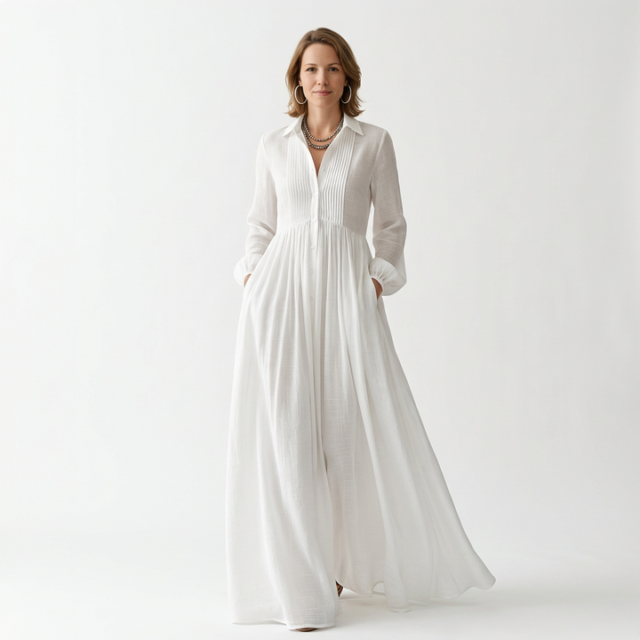 Weißes Maxikleid mit Puffärmeln, Stehkragen und Knopfleiste, Frontansicht