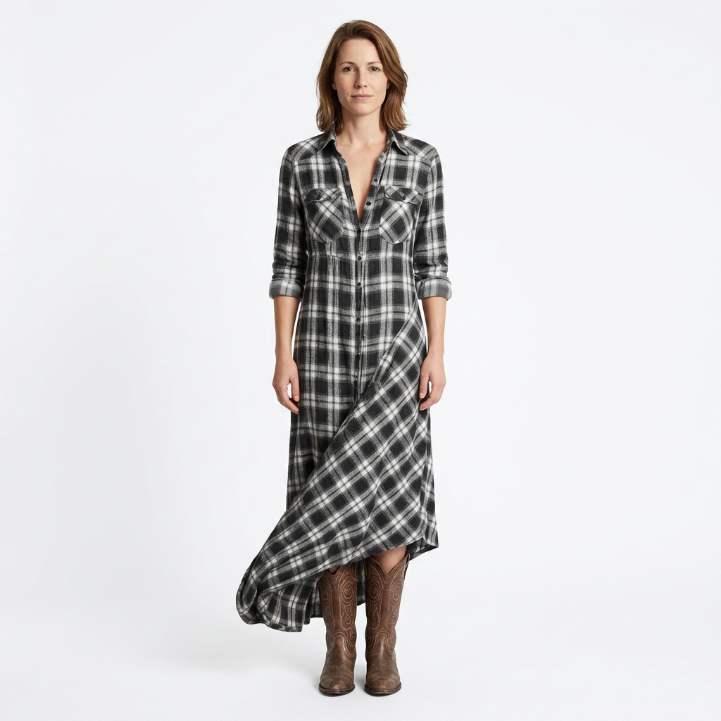 Kariertes Maxikleid-Hemdkleid in Rotbraun-Weiß, Frontalansicht