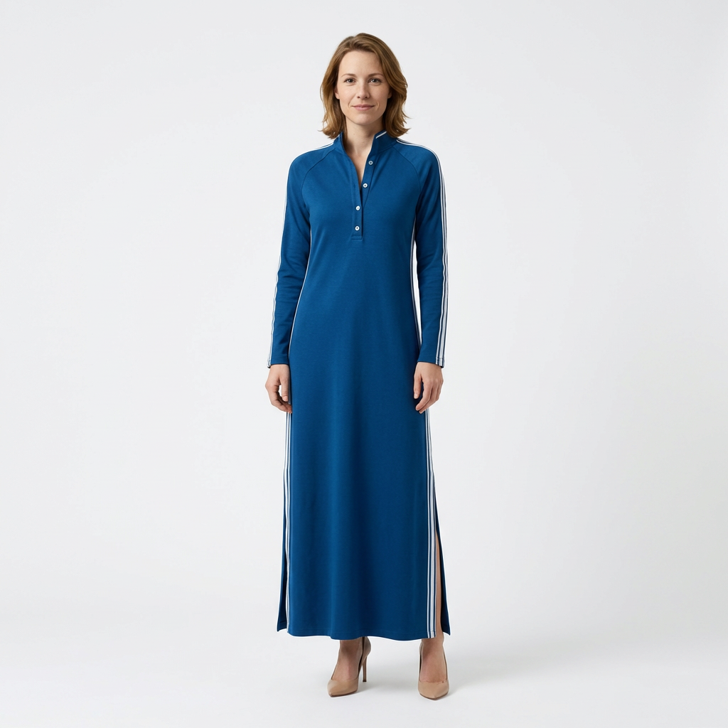 Sweatshirt Maxikleid Königsblau mit weißem Paspelkragen und Seitenstreifen, Vorderansicht