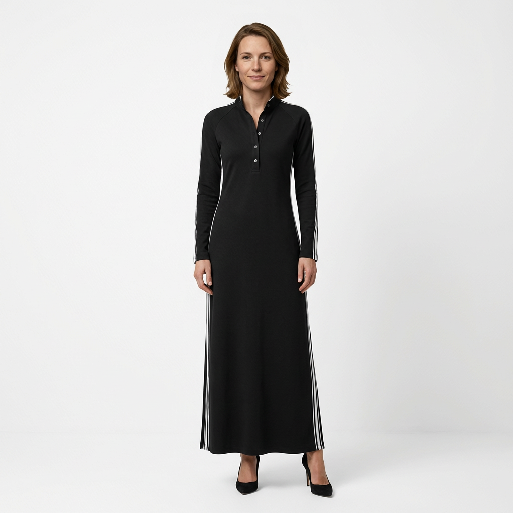 Sweatshirt Maxikleid Schwarz mit weißem Paspelkragen und Seitenstreifen, Vorderansicht