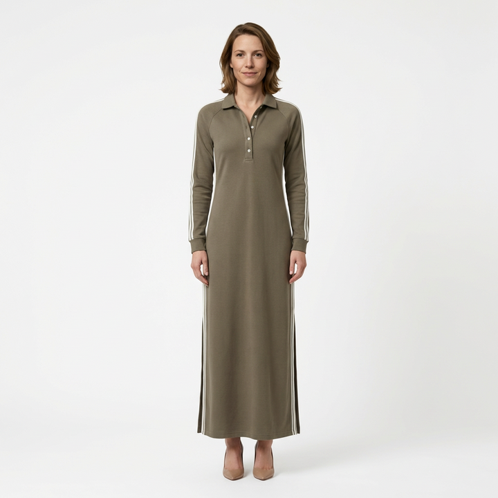 Sweatshirt Maxikleid Khaki mit weißem Paspelkragen und Seitenstreifen, Vorderansicht