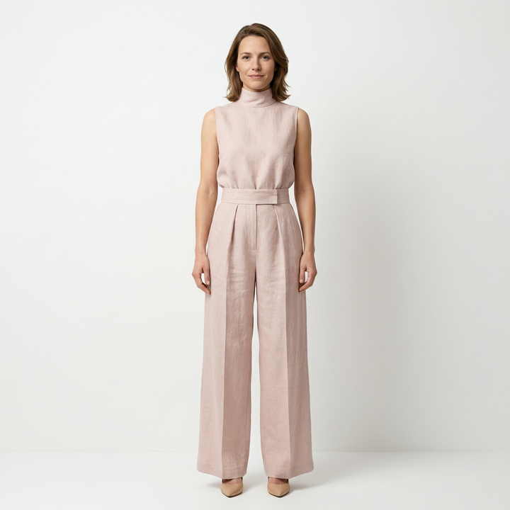 Zweiteiler-Set Beige, Detailansicht Stoff und Seitenansicht