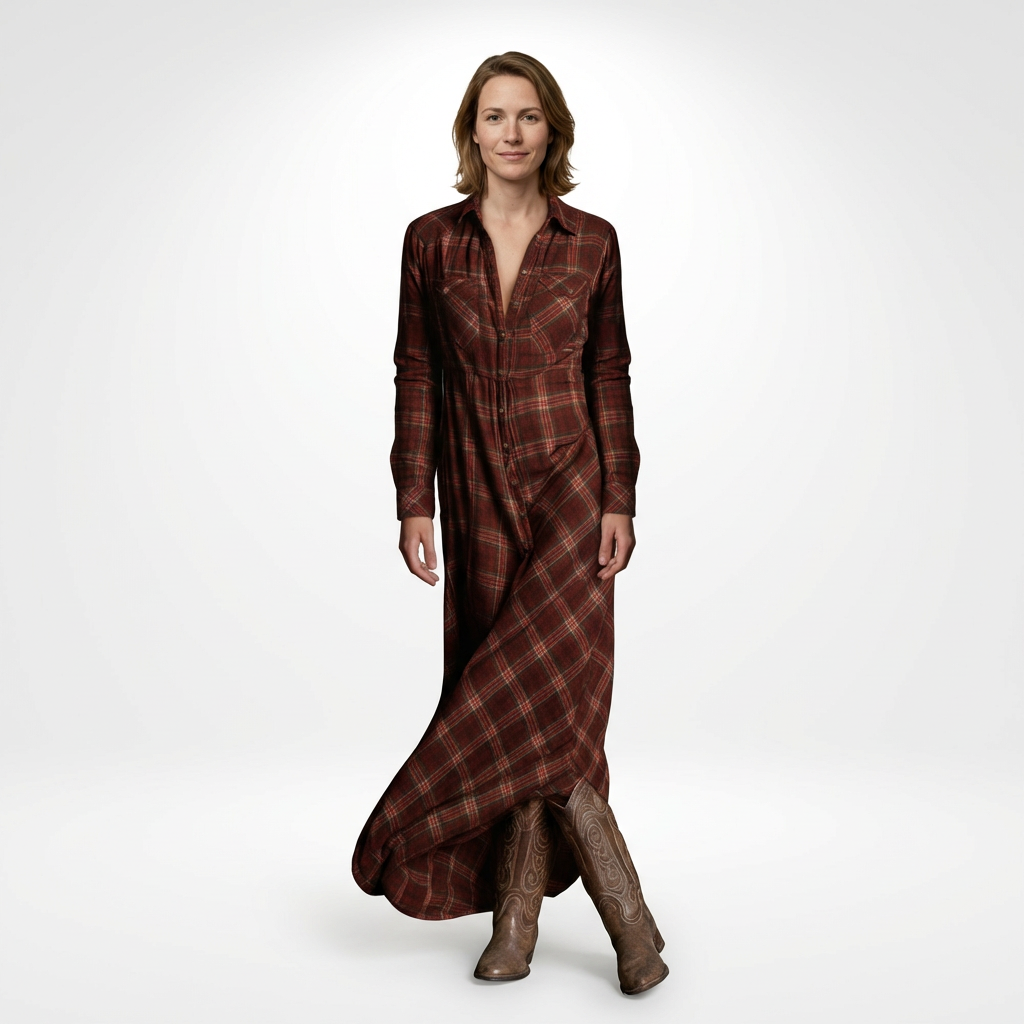 Kariertes Maxikleid-Hemdkleid in Grün-Weiß, Rückenansicht