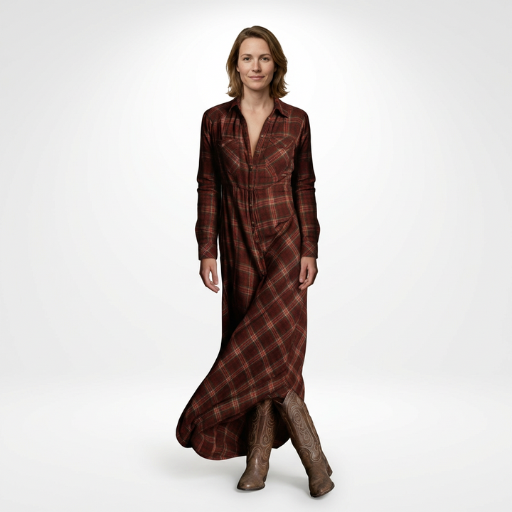 Kariertes Maxikleid-Hemdkleid in Grün-Weiß, Rückenansicht