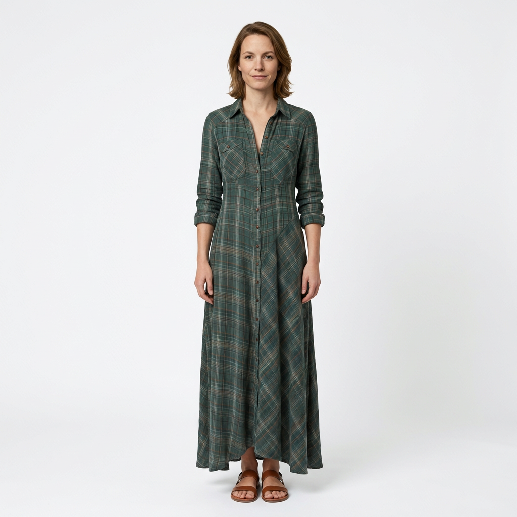 Kariertes Maxikleid-Hemdkleid in Grün-Weiß, Frontalansicht