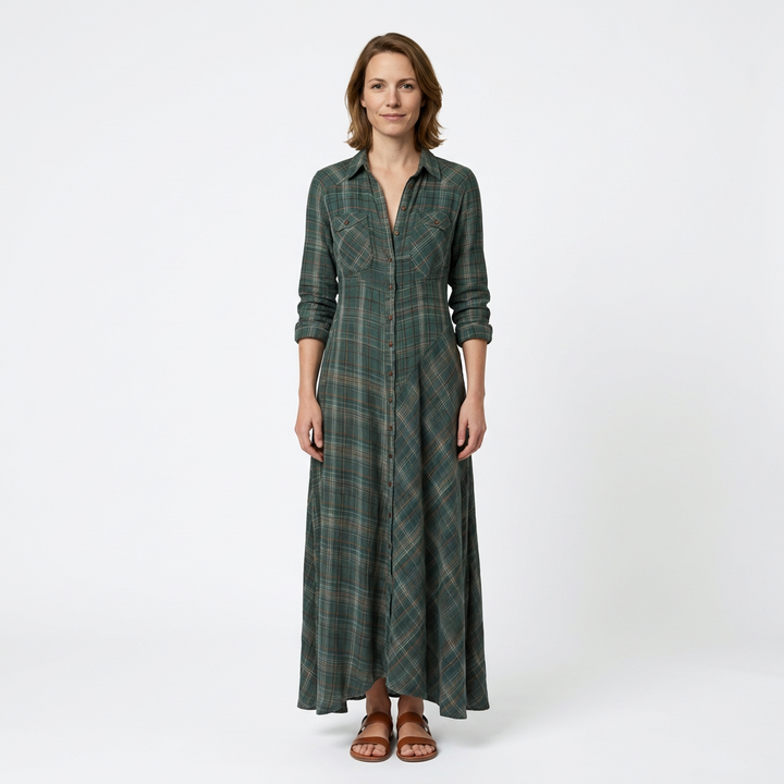 Kariertes Maxikleid-Hemdkleid in Grün-Weiß, Frontalansicht