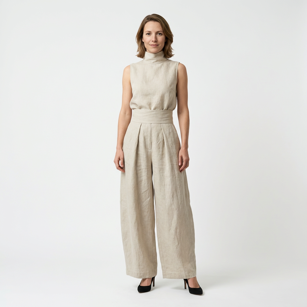 Ärmelloses Zweiteiler-Set in Beige, lockere Hose und Oberteil, Frontansicht