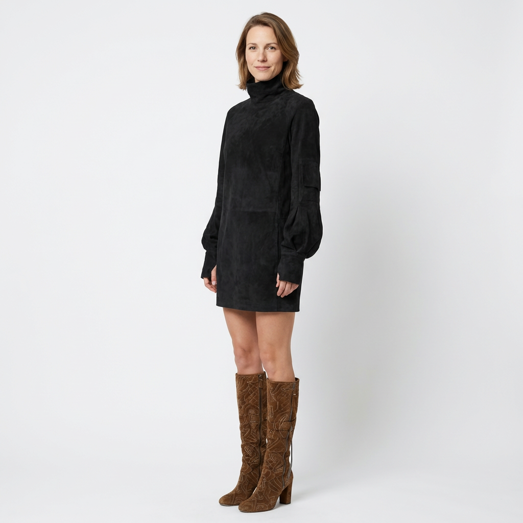 Olivgrünes Wildleder-Minikleid mit Stehkragen und Puffärmeln, Frontansicht
