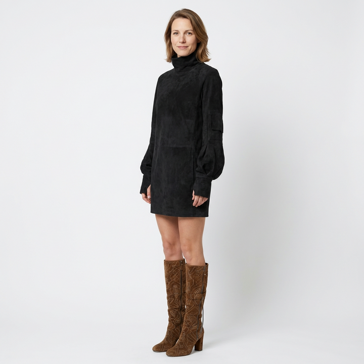 Olivgrünes Wildleder-Minikleid mit Stehkragen und Puffärmeln, Frontansicht