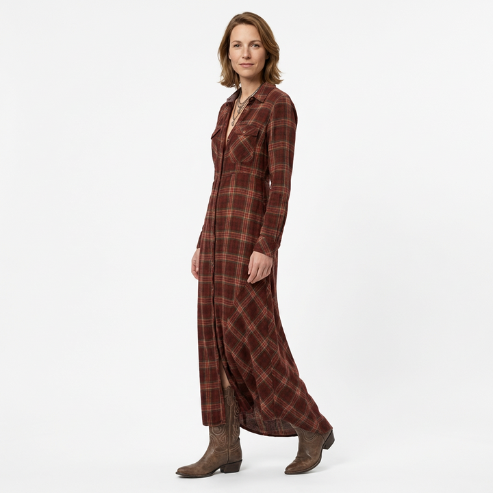 Kariertes Maxikleid-Hemdkleid in Schwarz-Weiß, Rückenansicht