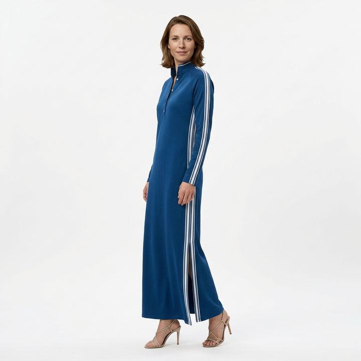 Sweatshirt Maxikleid Königsblau mit Seitenschlitz und Kontrast-Streifen, Seitenansicht