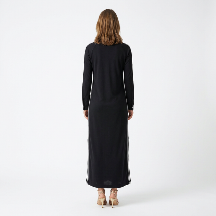Sweatshirt Maxikleid Schwarz mit seitlichem Schlitz und Kontrast-Streifen, Rückenansicht