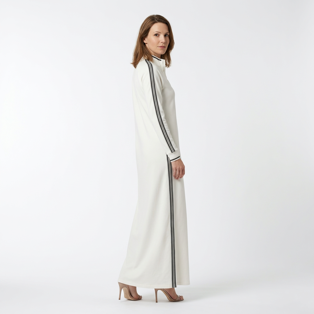 Sweatshirt Maxikleid Weiß mit kontrastierenden Seitenstreifen und Seitenschlitz, Seitenansicht