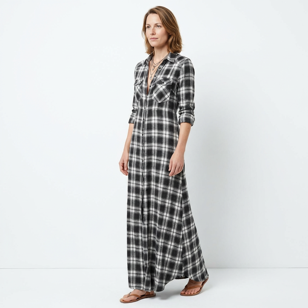 Kariertes Maxikleid-Hemdkleid in Rotbraun-Weiß, Seitenansicht
