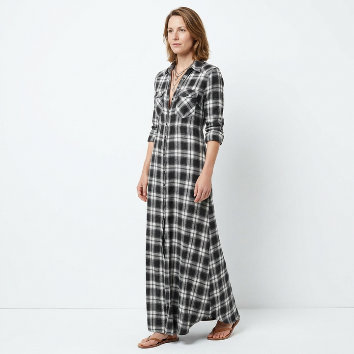 Kariertes Maxikleid-Hemdkleid in Rotbraun-Weiß, Seitenansicht