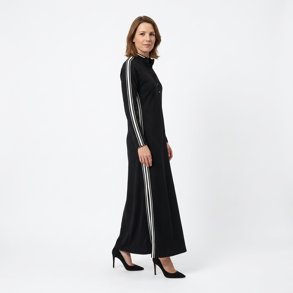 Sweatshirt Maxikleid Schwarz mit kontrastierenden Seitenstreifen, Seitenansicht