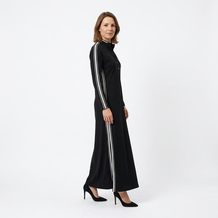 Sweatshirt Maxikleid Schwarz mit kontrastierenden Seitenstreifen, Seitenansicht