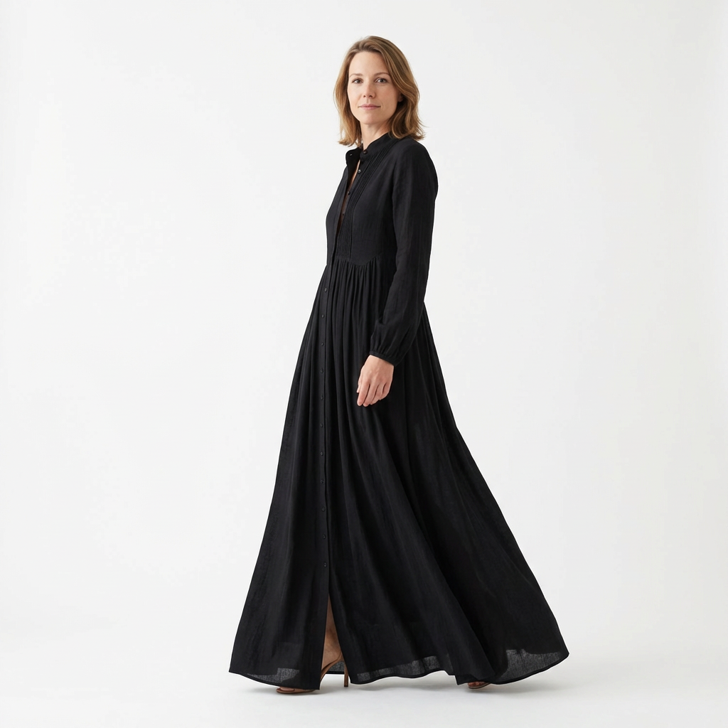 Schwarzes Maxikleid in voller Länge, Seitenansicht