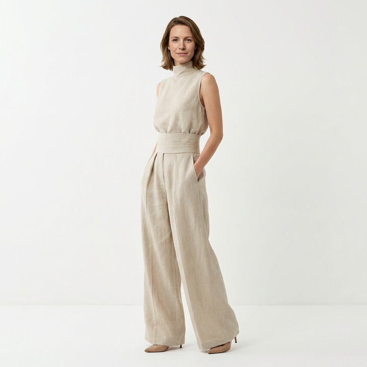 Ärmelloses Leinenlook-Set in Armeegrün mit weiter Hose, Frontansicht