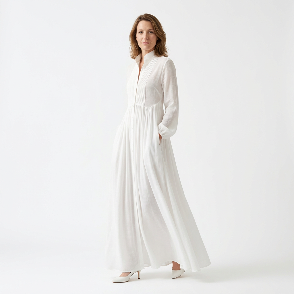 Schwarzes Maxikleid mit Laternenärmeln und Knopfleiste, Frontansicht