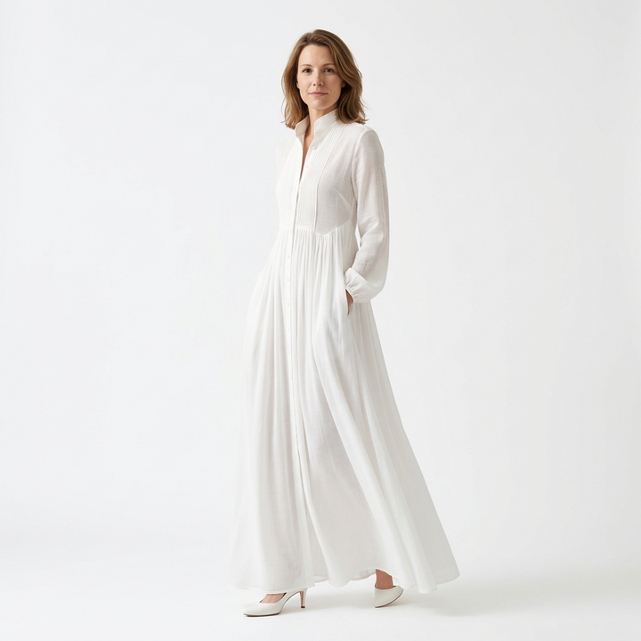 Schwarzes Maxikleid mit Laternenärmeln und Knopfleiste, Frontansicht