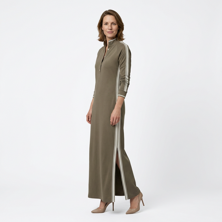 Sweatshirt Maxikleid Khaki mit sichtbarem Seitenschlitz und Kontrast-Streifen, Seitenansicht