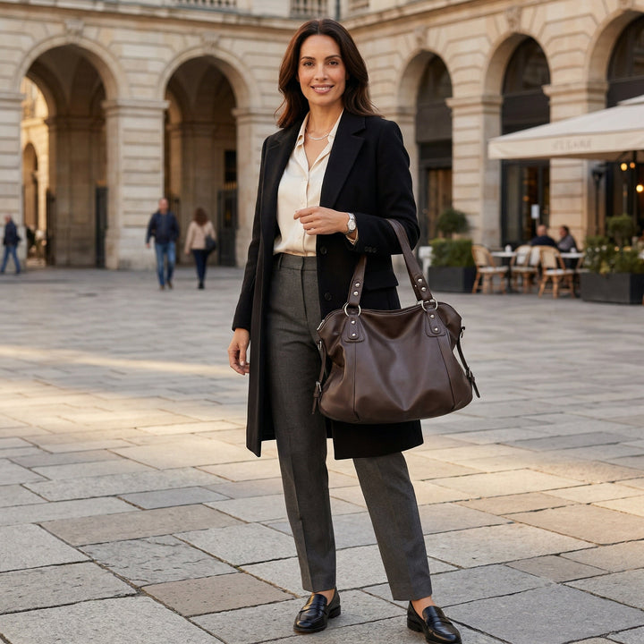 Dunkelbraune Hobo-Tasche am Arm getragen, Business-Styling auf städtischem Platz