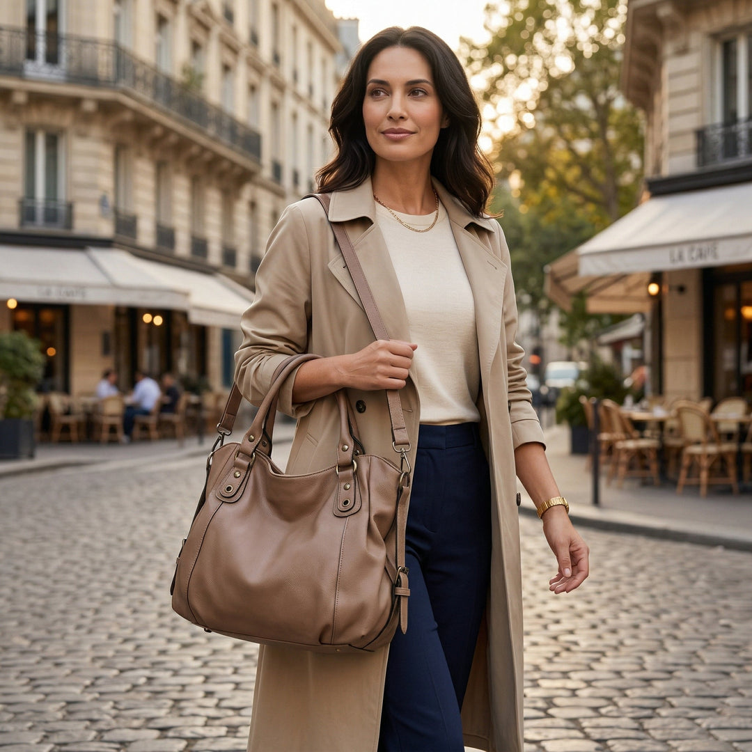 Taupefarbene Hobo-Tasche am Arm getragen, Styling mit Beige-Trenchcoat in Paris