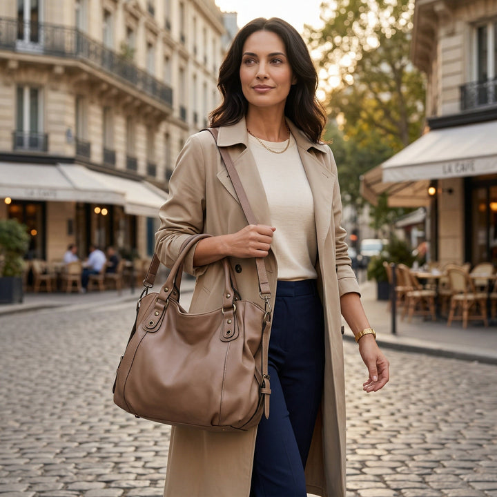 Taupefarbene Hobo-Tasche am Arm getragen, Styling mit Beige-Trenchcoat in Paris