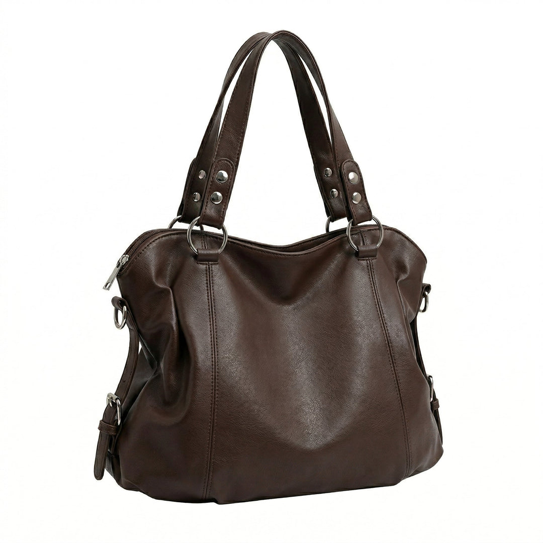 Große Hobo-Schultertasche in Dunkelbraun mit silberfarbener Hardware und Ziernähten