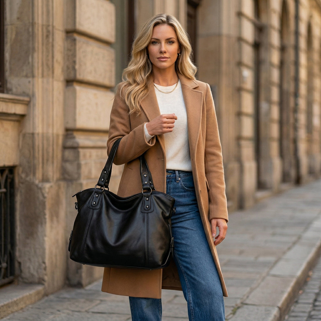 Schwarze Hobo-Schultertasche am Arm getragen, Straßen-Styling mit Camel-Mantel