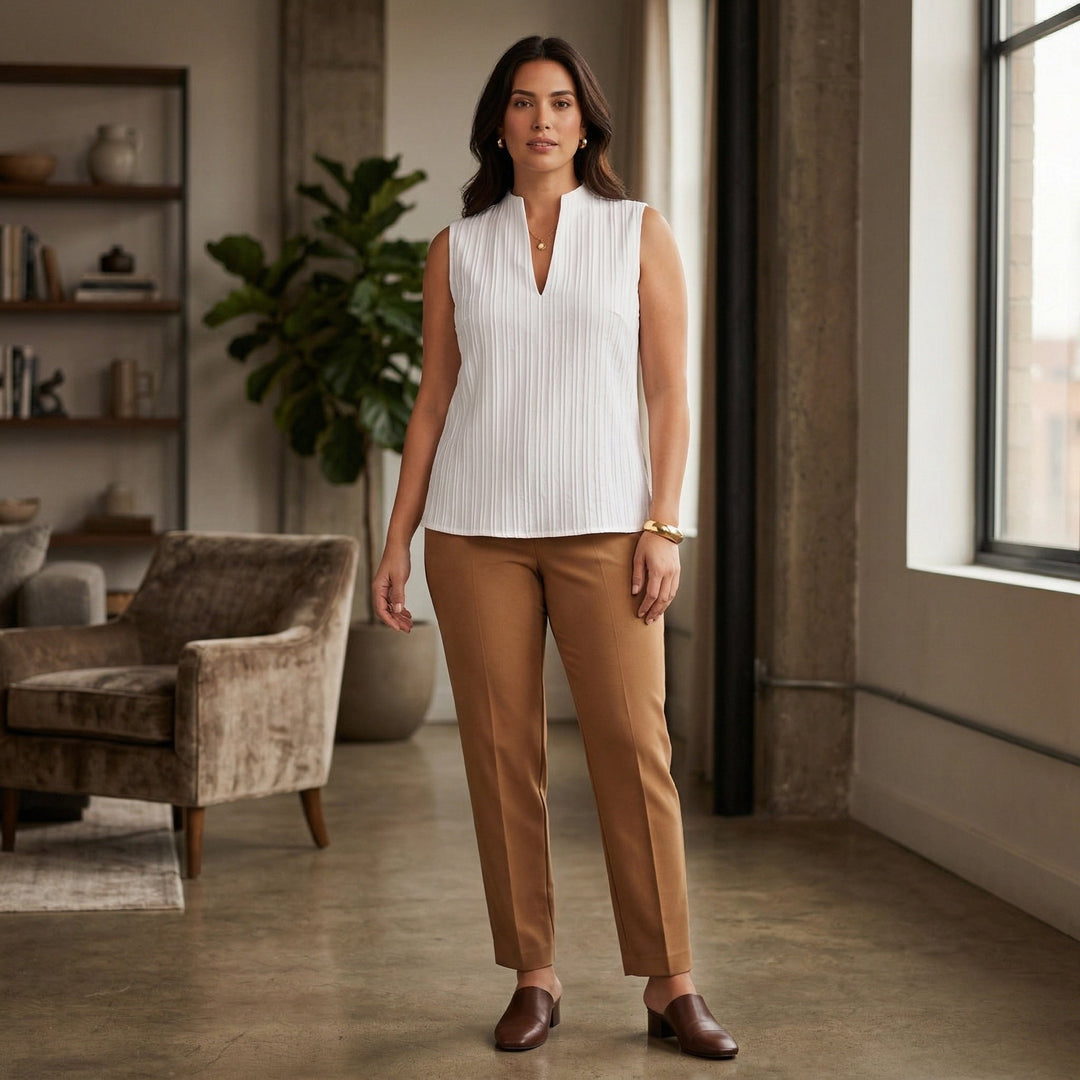 Weißes Plissee-Top ärmellos, Styling mit camelbrauner Hose, Ganzkörper