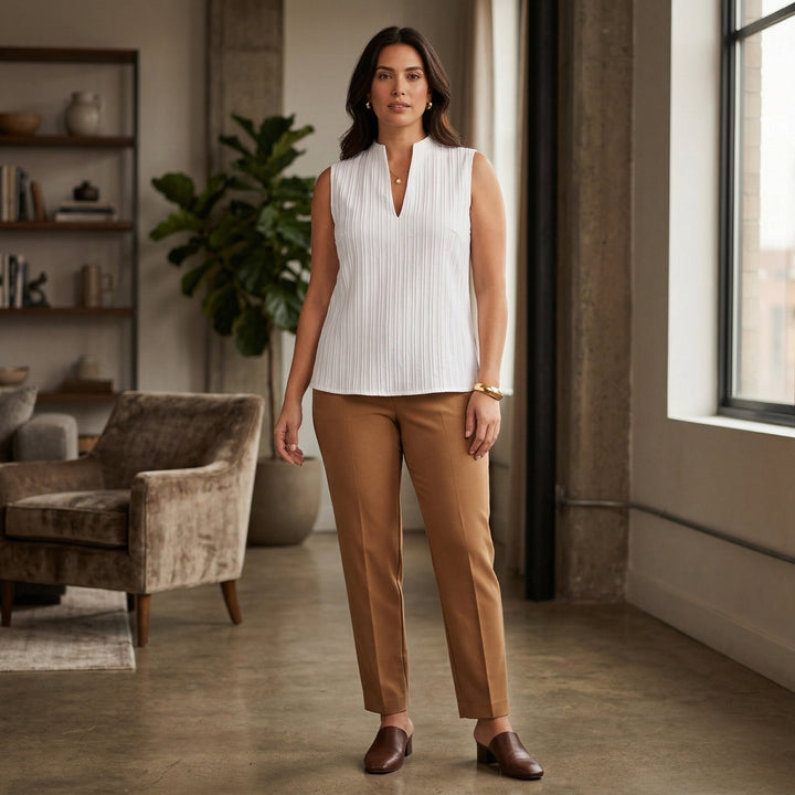 Weißes Plissee-Top ärmellos, Styling mit camelbrauner Hose, Ganzkörper