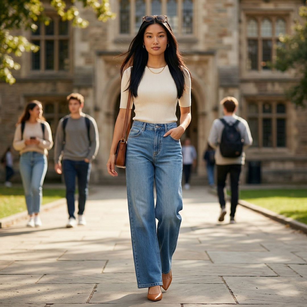 Wide-Leg Jeans hellblau mit hohem Bund im Alltagslook, Vorderansicht