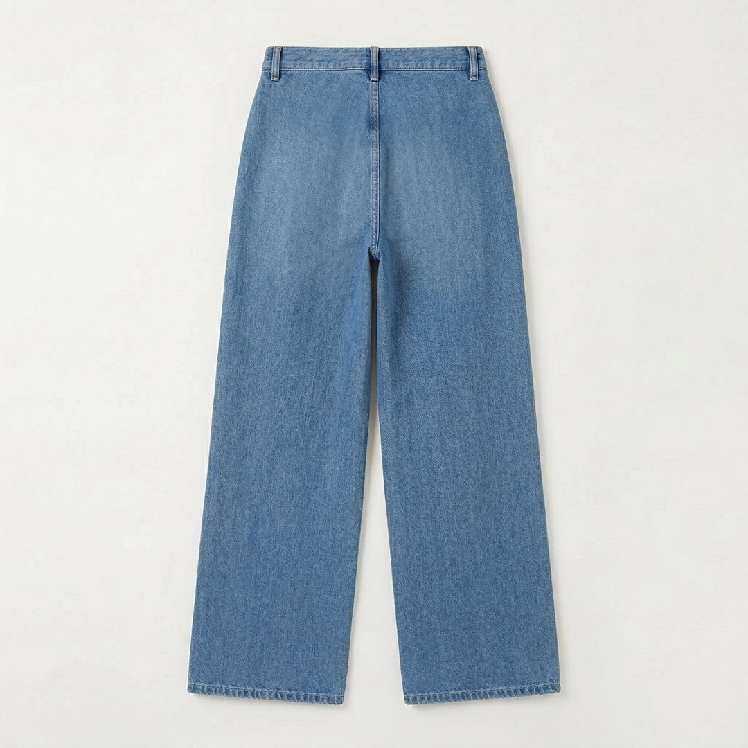 Wide-Leg Jeans hellblau Rükenansicht liegend, hoher Bund ohne Rückentaschen