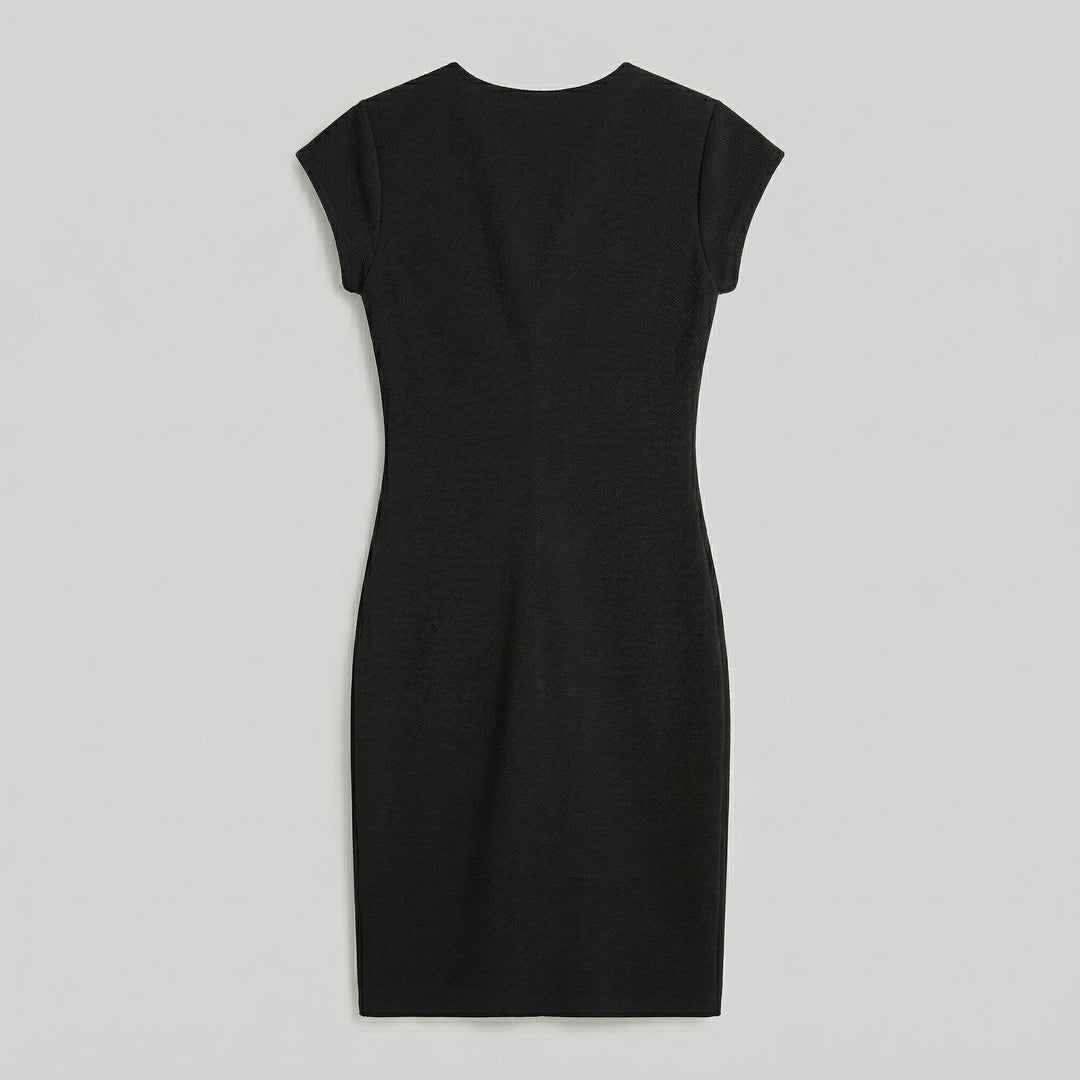 Schwarzes Midikleid Rückseite, glatte Silhouette, Flachaufnahme