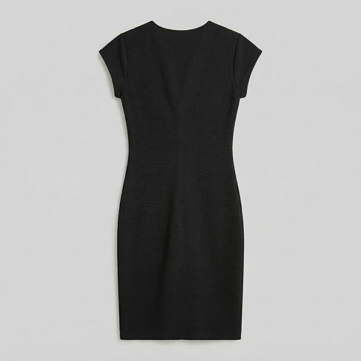 Schwarzes Midikleid Rückseite, glatte Silhouette, Flachaufnahme
