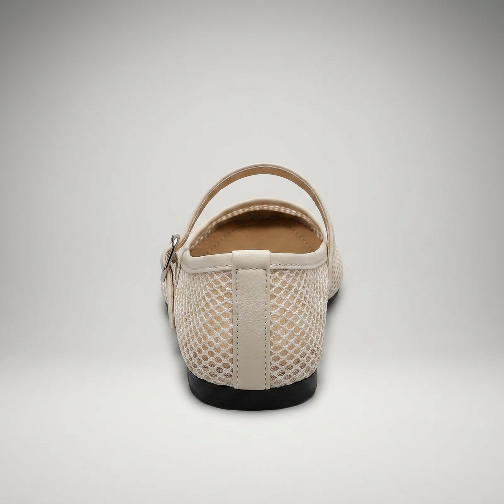 Beige Mary Jane Flats aus Mesh mit Fersenriemen, Rückansicht