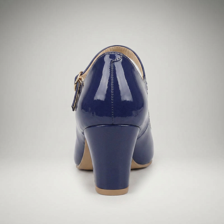 Dunkelblaue Pumps mit Blockabsatz, Rückansicht