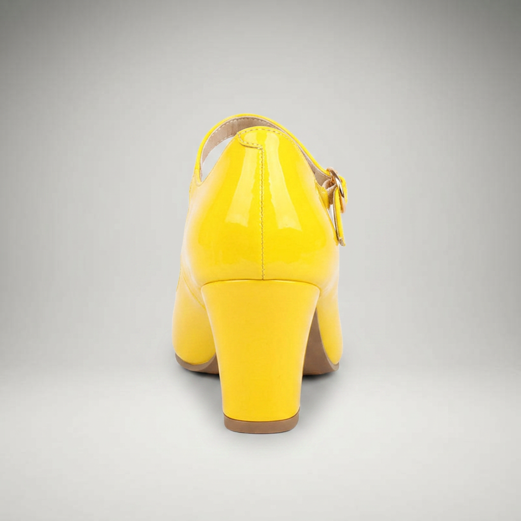 Gelbe Pumps mit Blockabsatz, Rückansicht