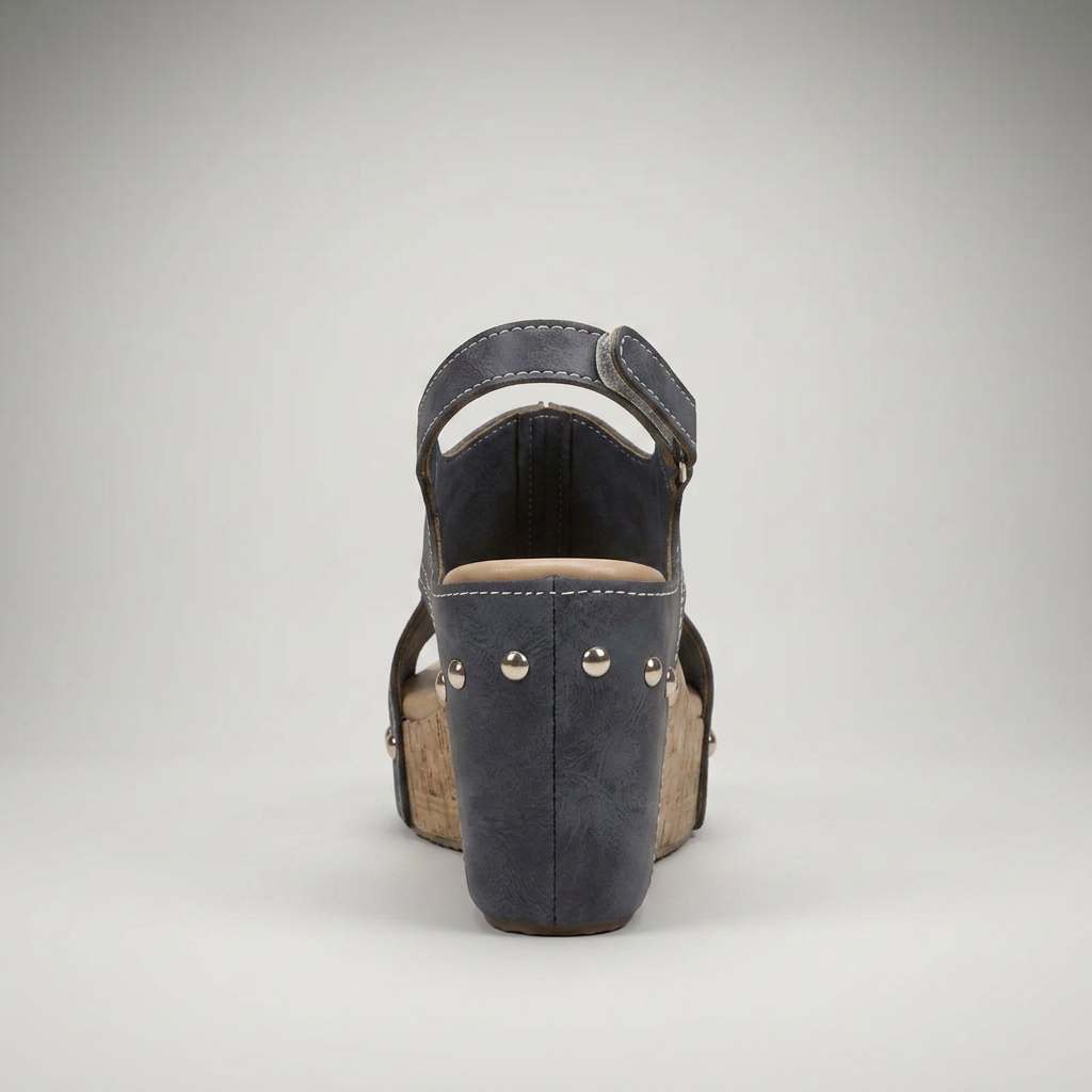 Anthrazitfarbene Keilsandalette mit Kork-Absatz, Rückansicht