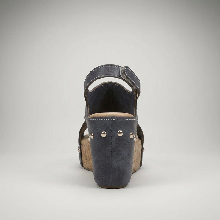 Anthrazitfarbene Keilsandalette mit Kork-Absatz, Rückansicht
